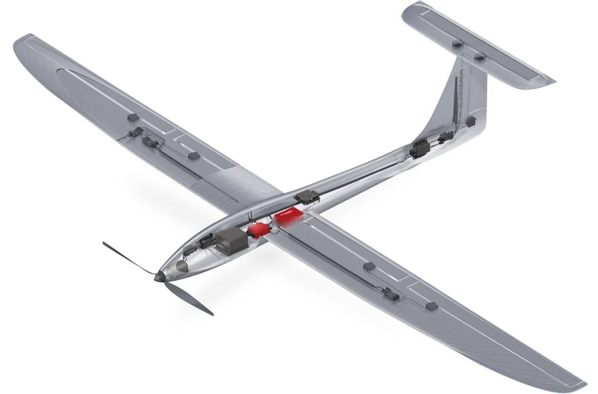 A fixed-wing aircraft with a single tail boom and a pusher propeller, seen from above