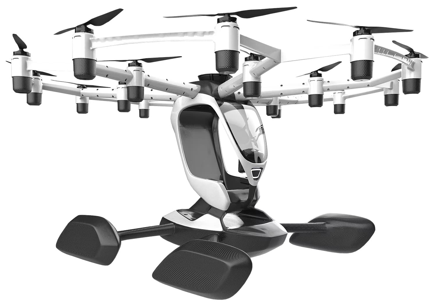 A multirotor aircraft photographed against white, its arms and rotors extended