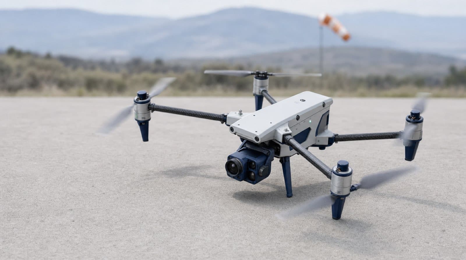 A grey quadcopter hovering just above a concrete pad, a windsock and hills behind it
