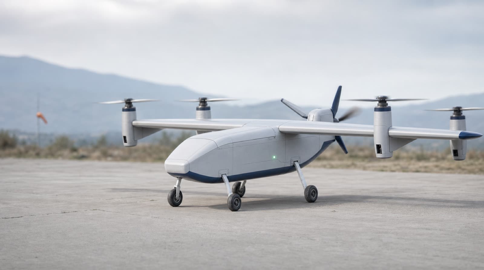 A white tilt-rotor aircraft standing on a concrete pad, wheels down, hills behind it