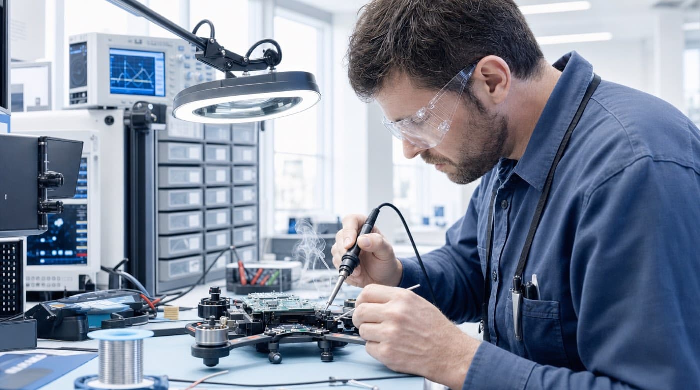 An engineer in safety glasses working on a circuit board at a lit inspection bench