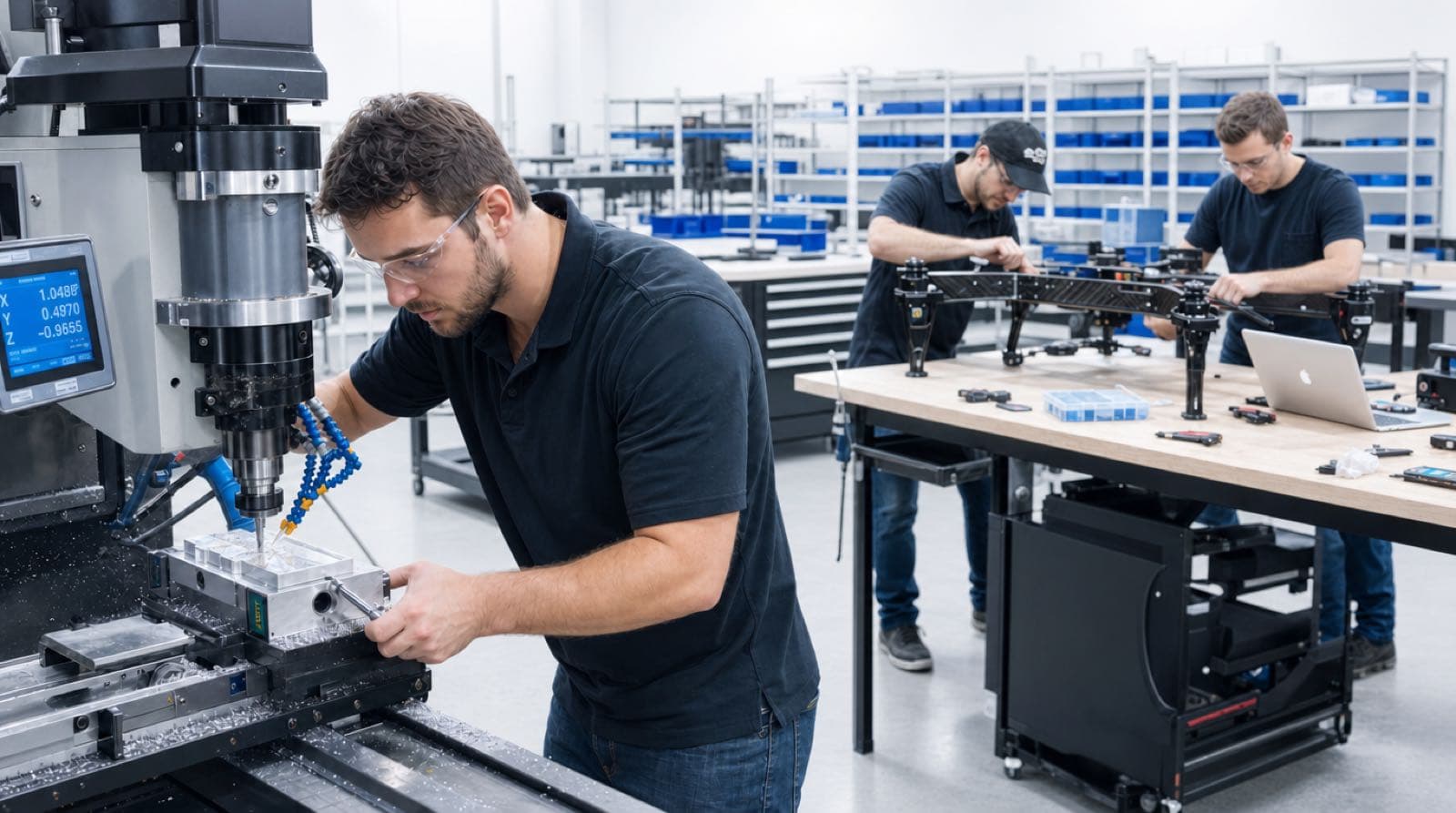 A machine shop with a technician at a milling machine in the foreground and two others assembling multirotor airframes at a bench behind him