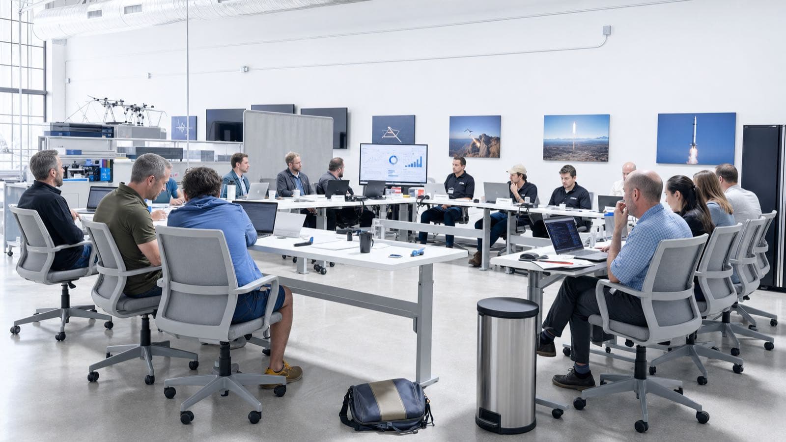 An open office with people seated around long tables, laptops open, screens on the wall behind them