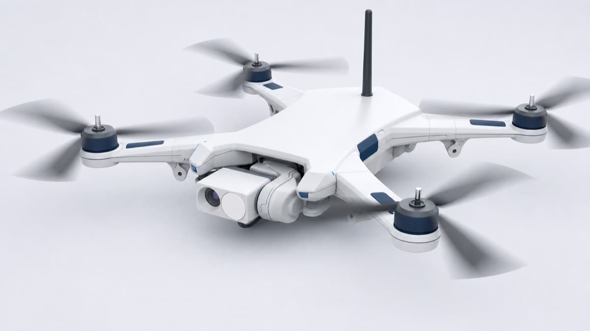 A white quadcopter with a gimbal-mounted camera, photographed on a plain background