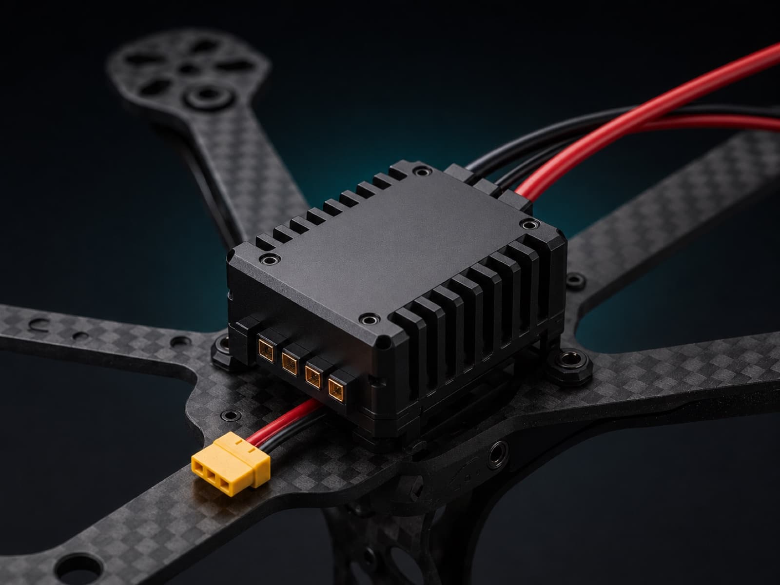 A high-current speed controller mounted on a carbon-fibre airframe, its power leads running to the frame